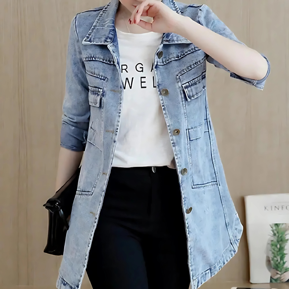 EB | Lange Jeansjacke für Frauen mit Stickdetails