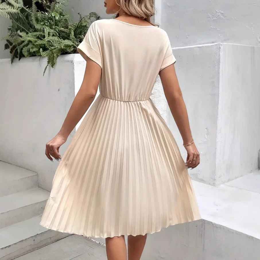 EB | Einfarbig Plissierter Kurzarmkleid