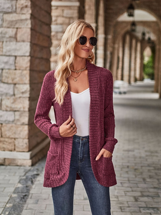 EB | Damen Gerippter Offener Vorderseite Strickjacke Lange Ärmeln Lässig Strickpullover mit Taschen