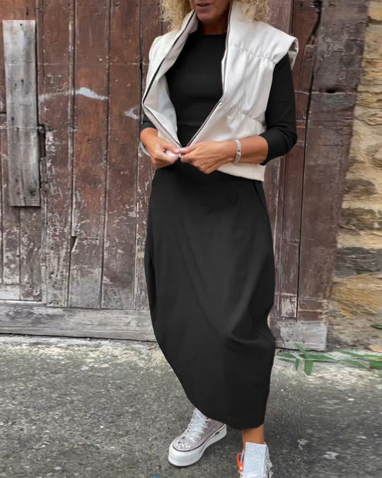EB | Schlichtes Einfarbiges Elegantes Kleid mit Langen Ärmeln und Tasche