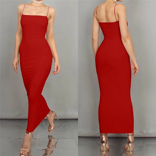 EB | Bodycon Kleid Midi Länge Spaghettiträger Elegant und Figurbetont