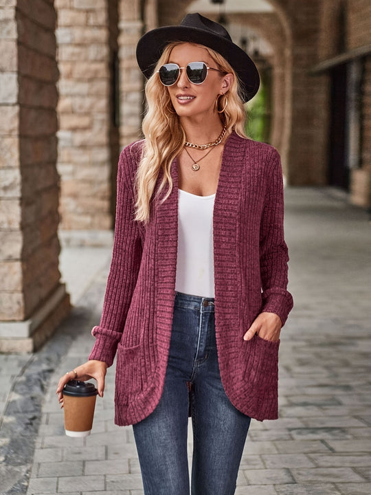 EB | Damen Gerippter Offener Vorderseite Strickjacke Lange Ärmeln Lässig Strickpullover mit Taschen