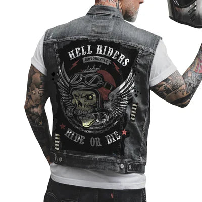 EB Herren Motorrad-Denimweste mit Motorrad- und Skelettdruck