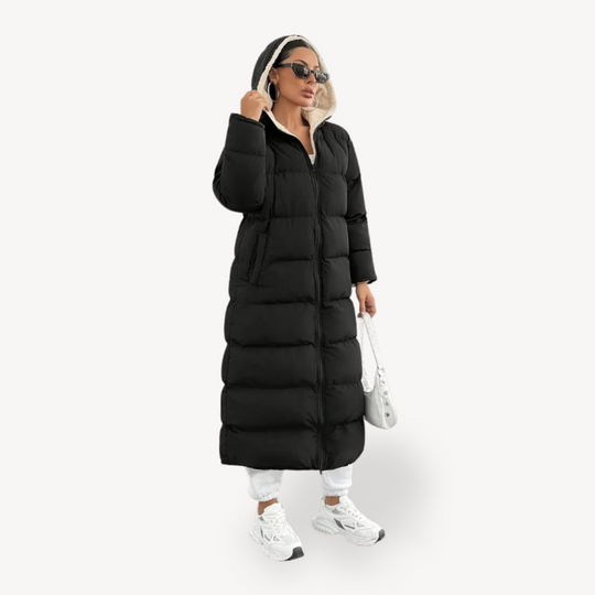 EB | Damen Schwarze Kapuzen-Puffermantel