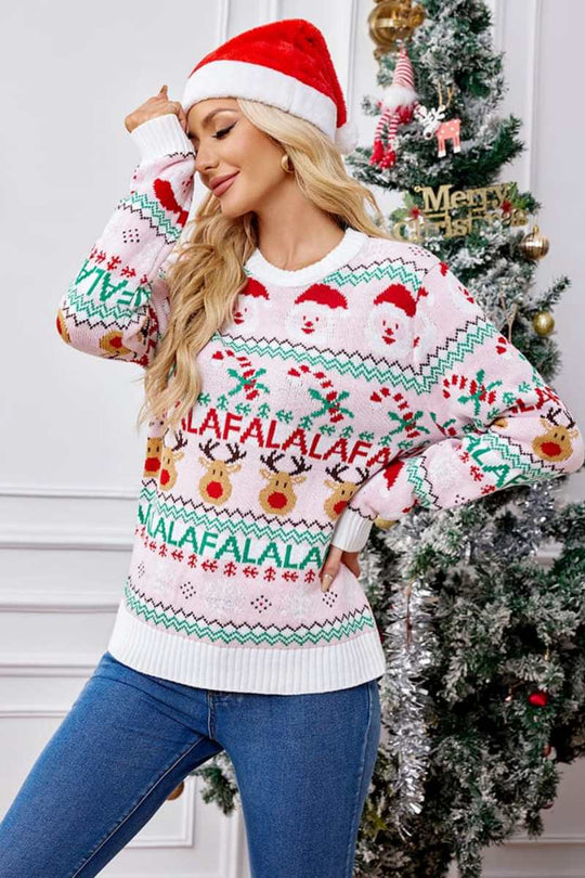 EB | Locker Sitzende Rundhals Weihnachts Cartoon Strickpullover - Pink
