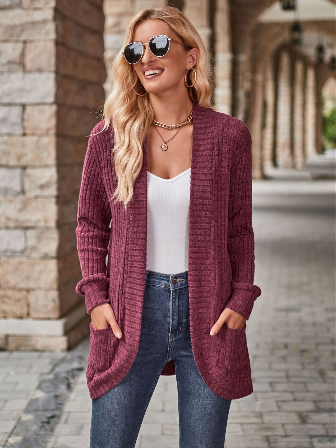 EB | Damen Gerippter Offener Vorderseite Strickjacke Lange Ärmeln Lässig Strickpullover mit Taschen