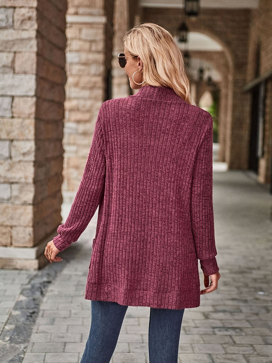 EB | Damen Gerippter Offener Vorderseite Strickjacke Lange Ärmeln Lässig Strickpullover mit Taschen