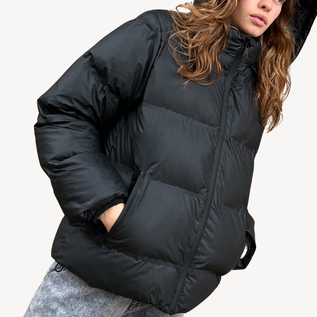 EB | Damen Schwarze Kapuzen-Puffermantel Winter Polyester Jacke