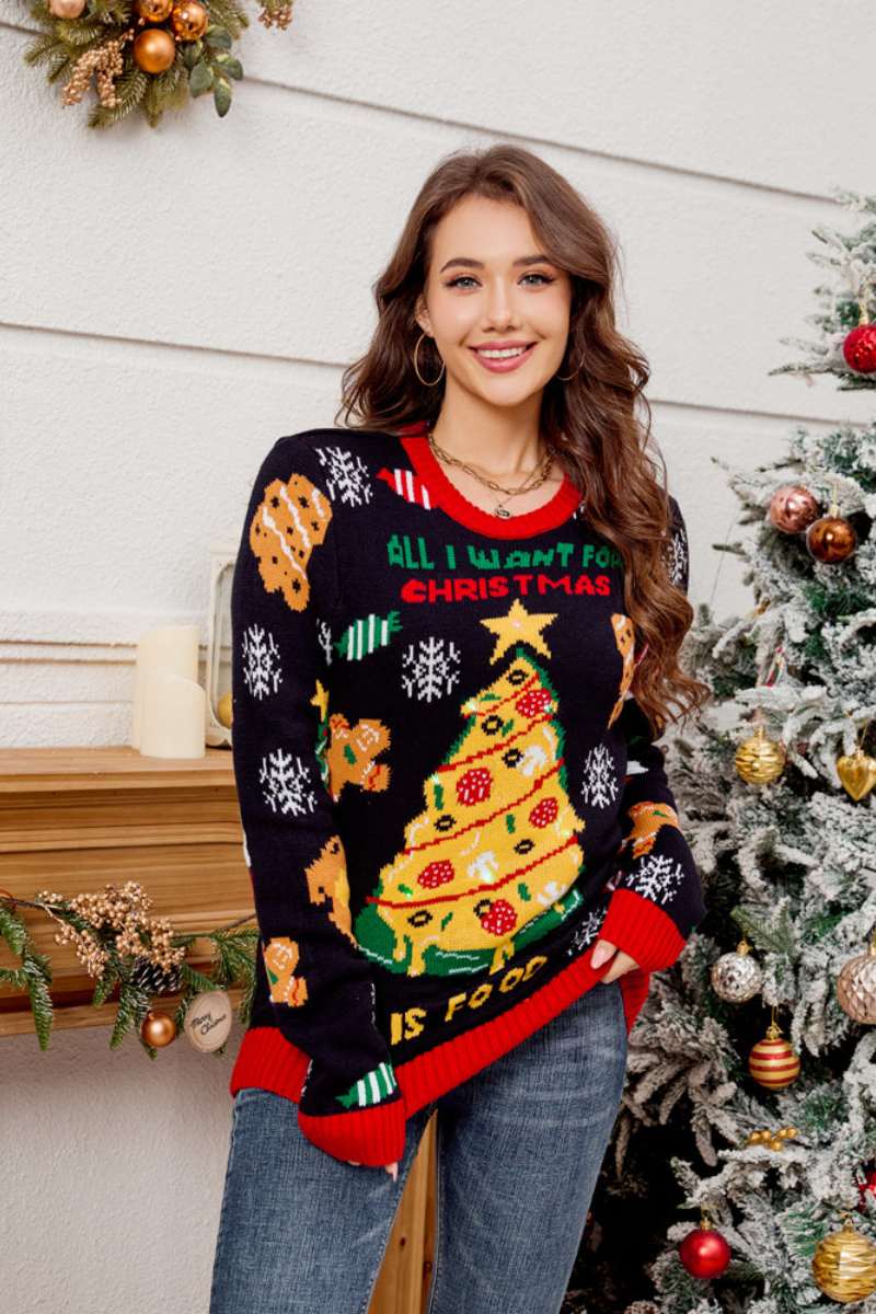 EB | Lässiger Rundhals Pullover mit besticktem Weihnachtsbaum