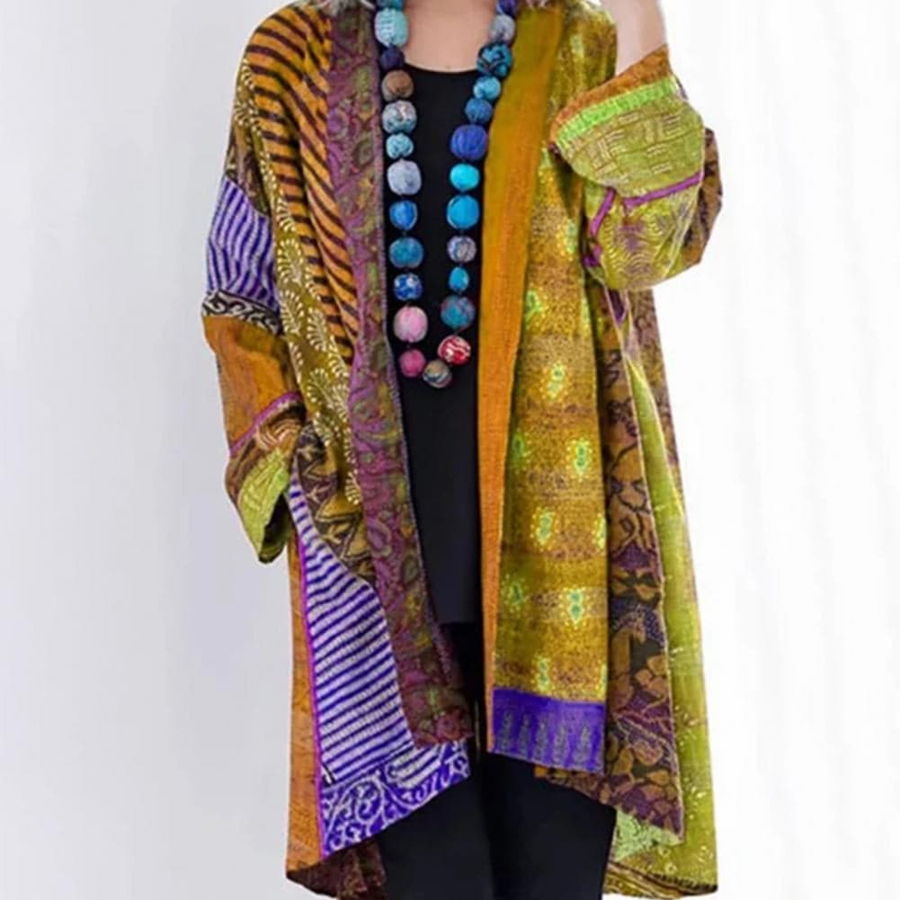 EB | Kimono-Jacke - Bohemian-Patchwork-Design - Leicht und Luftig - Langärmlig Offene Vorderseite