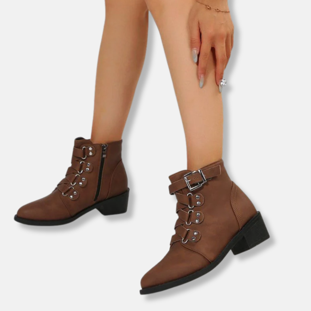EB | Knöchelstiefel - Kunstleder - Seitenreißverschluss - Schnallenriemen - Blockabsatz