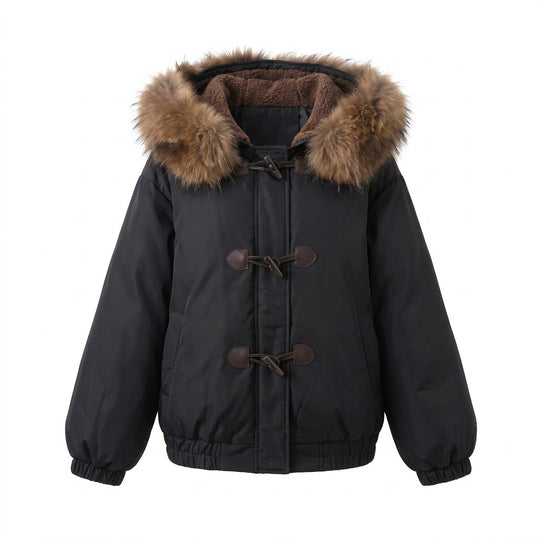 Damen nan kurzer Thermo-Bomber mit abnehmbarem Webpelzkragen und Teddy-Kapuzenfutter EB