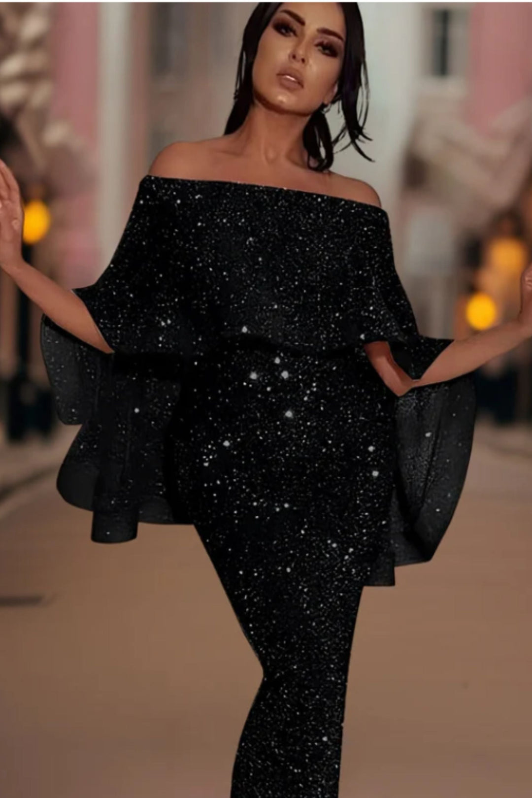 EB | Off-Shoulder Glitzer Maxi Kleid