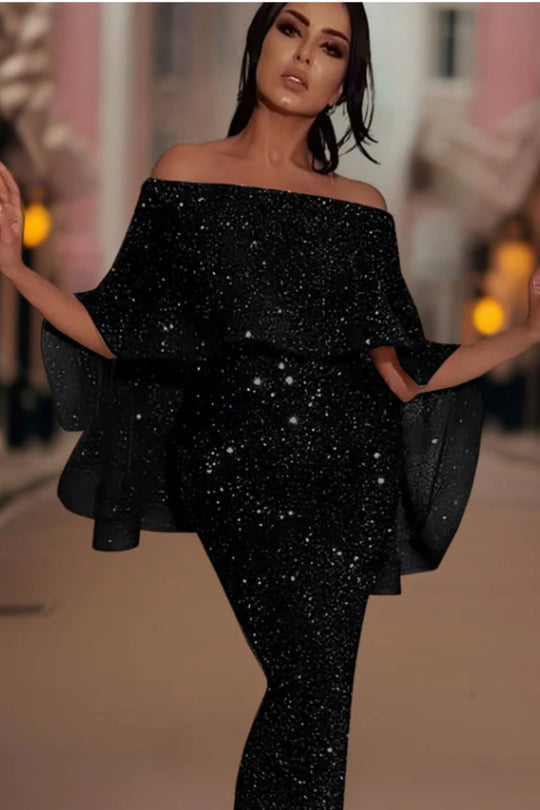 EB | Off-Shoulder Glitzer Maxi Kleid