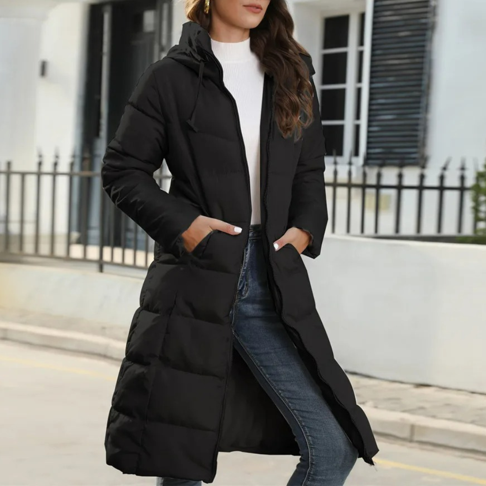 EB | Langer Winter-Daunenmantel mit Kapuze und Gürtel für Frauen Ideal für den Winter