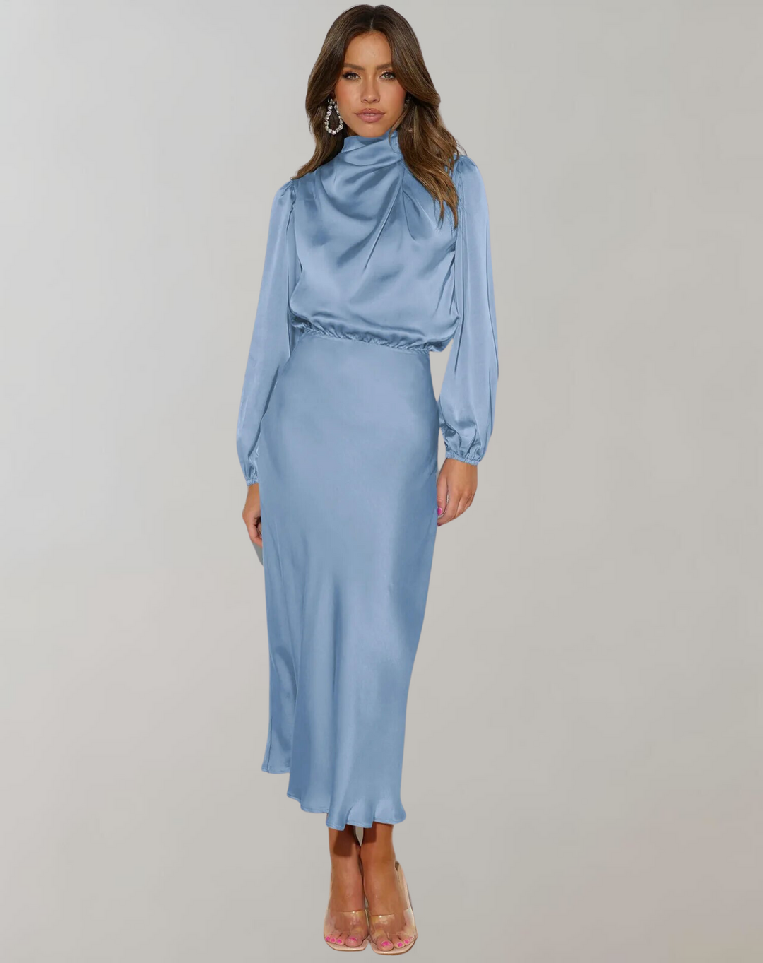 Elegante Satin Kleid Mit Langen Ärmeln