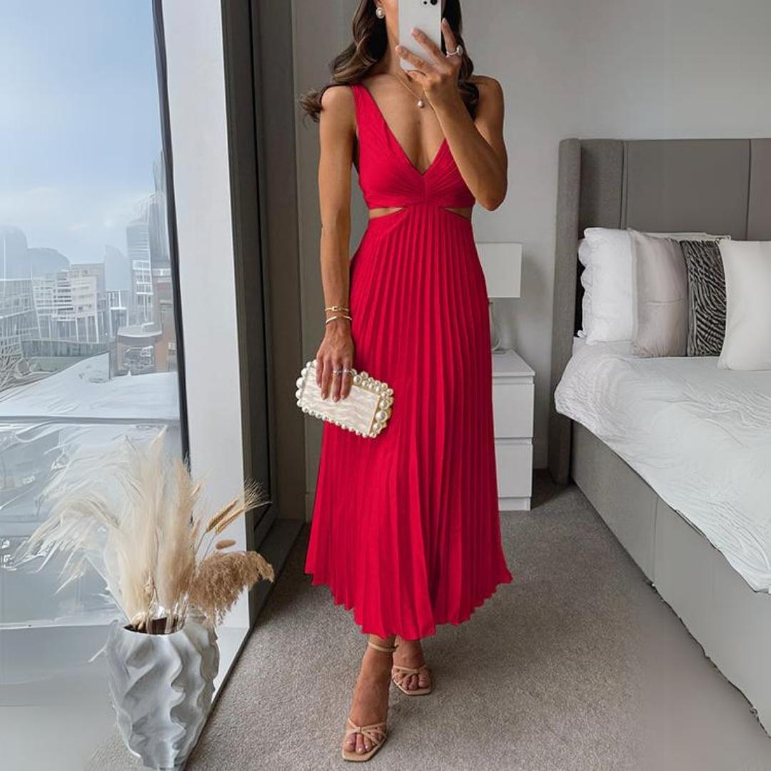 EB | Midi Kleid Ärmellos V-Ausschnitt Twist Front & Cut Out Detail Plissierter Rock