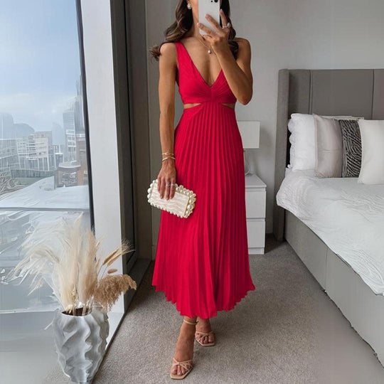 EB | Midi Kleid Ärmellos V-Ausschnitt Twist Front & Cut Out Detail Plissierter Rock
