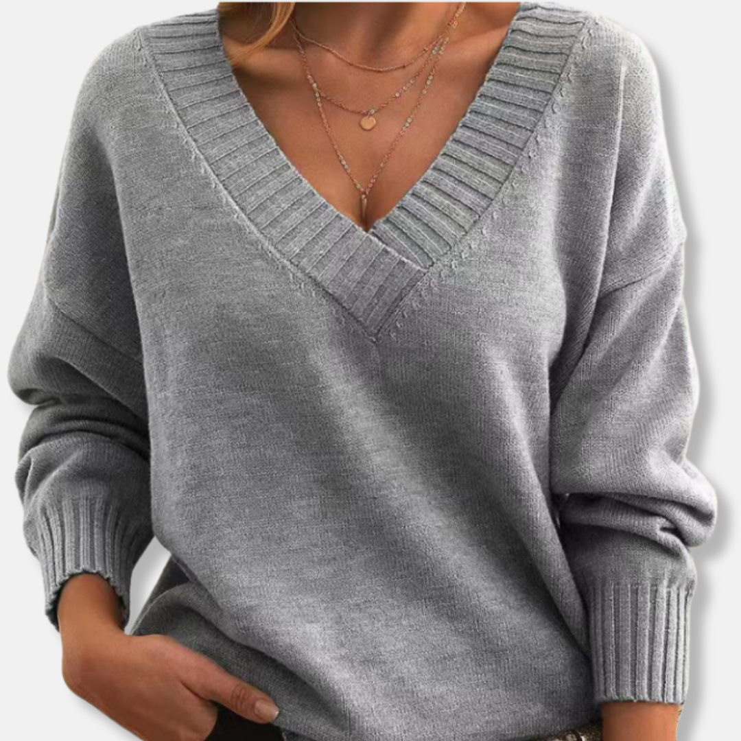 EB | Wolle V-Ausschnitt Pullover Lockere Passform Rippdetails Pullover