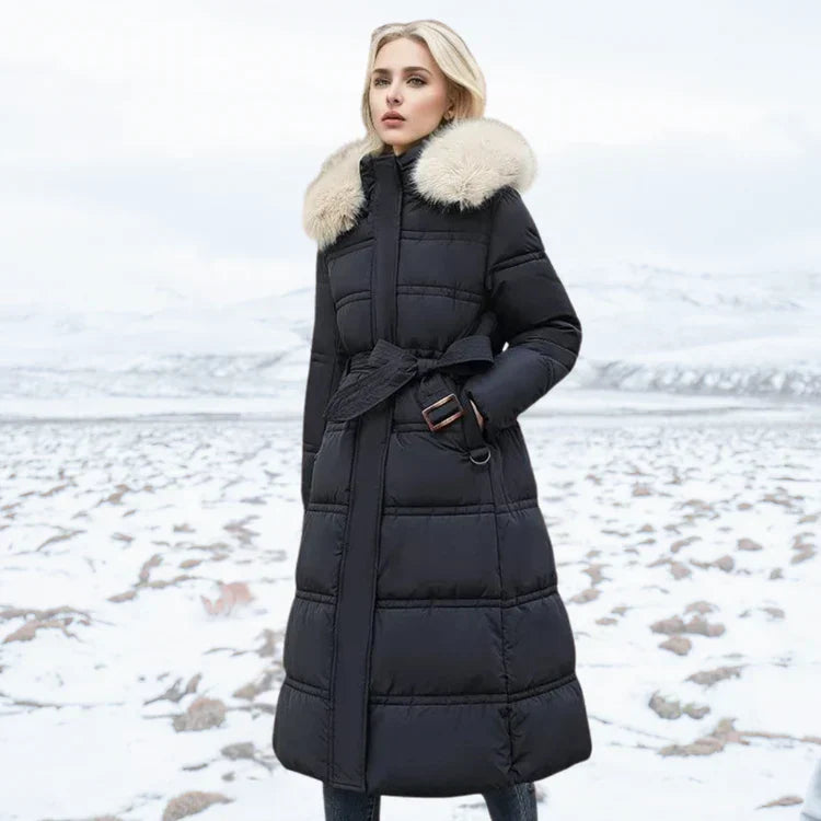 EB | Slim Fit Überknielange Jacke mit Pelzkragen und Gürtel