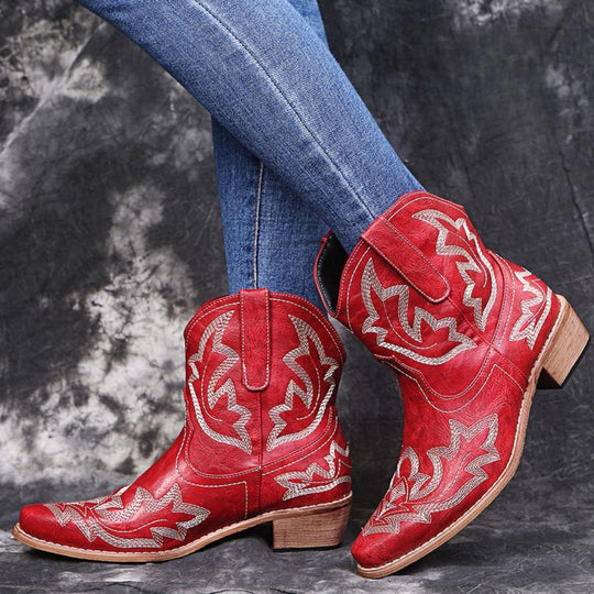 EB | Westernstiefel Besticktes Leder Spitz Zulaufend Knöchelhoch Blockabsatz