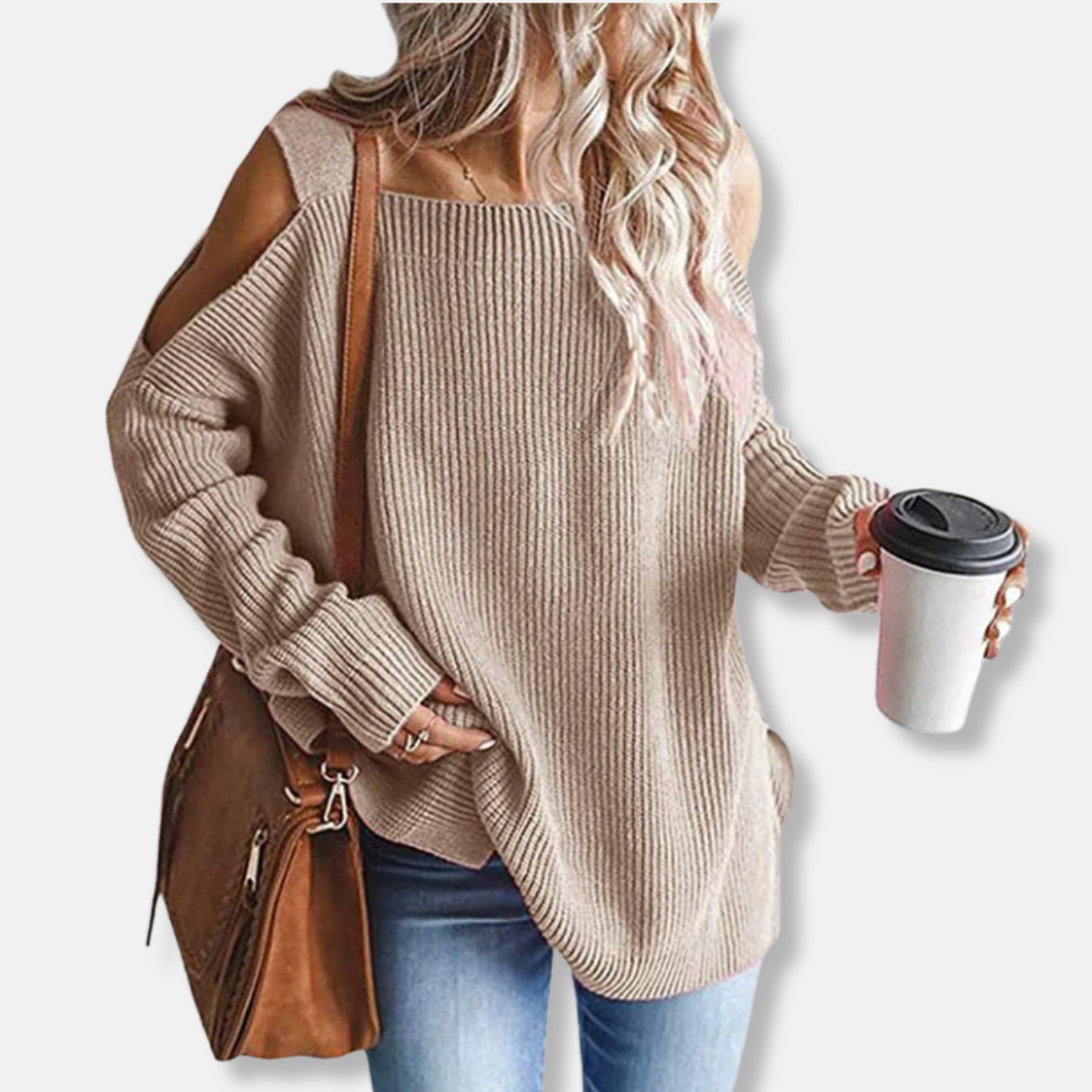 EB | Sweatshirt Offene Schulter Strick Lockere Passform Strukturierter Stoff