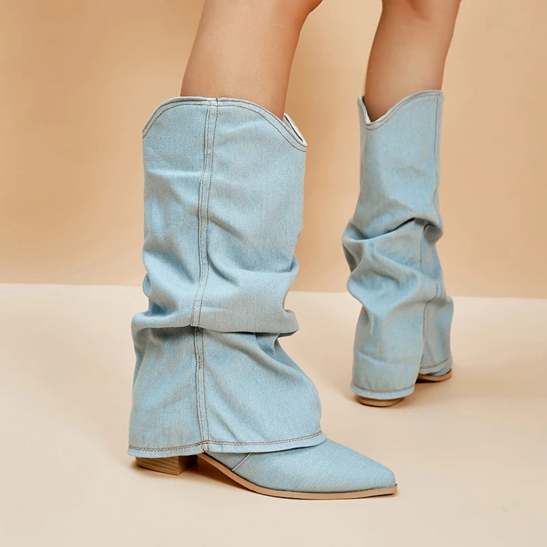 EB | Knielange Stiefel - Weiches Denim - Spitz Zulaufende Zehe - Niedriger Blockabsatz Zum Anziehen