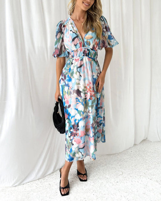 EB | Elegantes Kleid mit Blumendruck und V-Ausschnitt