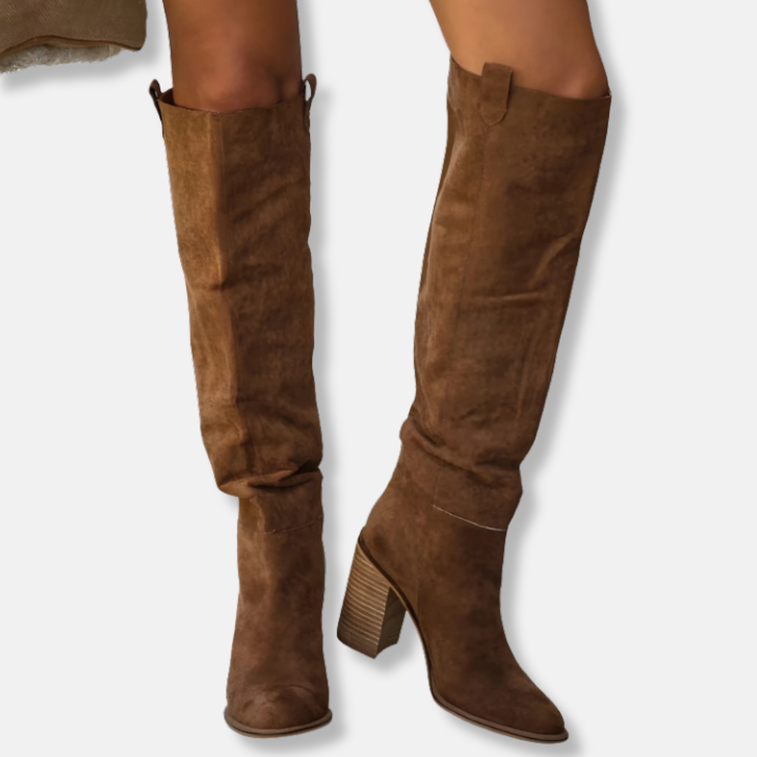 EB | Knöchelhohe Stiefel - Wildlederähnliches Textil - Chunky Blockabsatz - Spitz Zulaufende Zehen