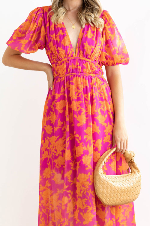 EB | Real Love Print Puffärmel Maxi Kleid