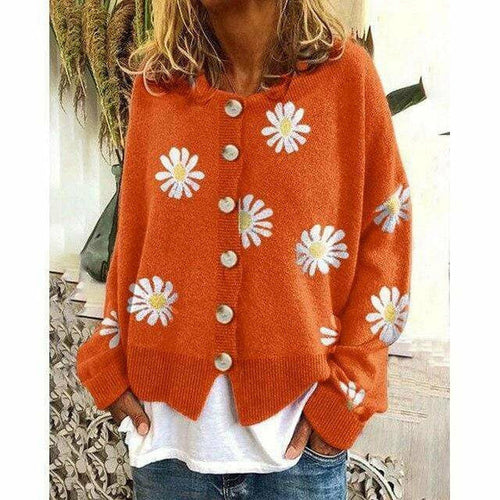 EB | Strickjacke - Damen Herbst Blumen Knopf-Überzieh Strickjacke