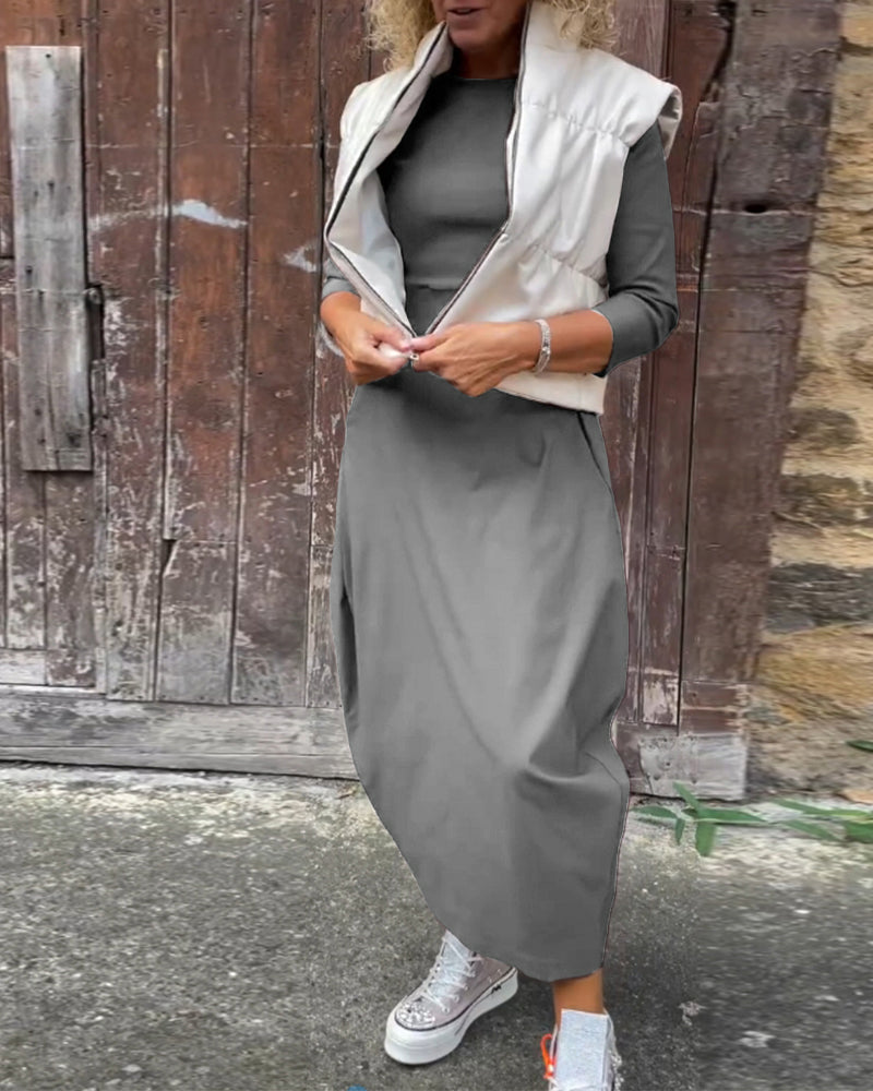 EB | Schlichtes Einfarbiges Elegantes Kleid mit Langen Ärmeln und Tasche