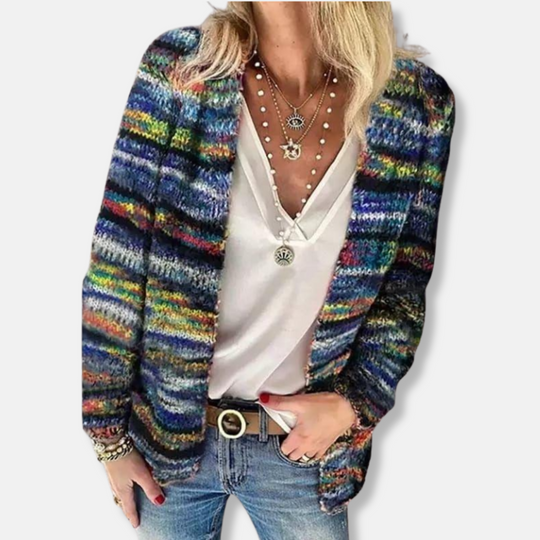 EB | Wolle Offene Front Strickjacke Gestreift Lässig Passform Strickjacke