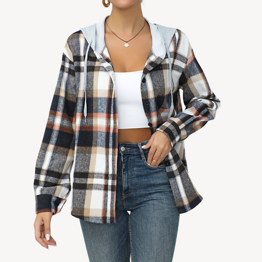 EB | Damen Karo Button-Down Shaket mit Kapuze