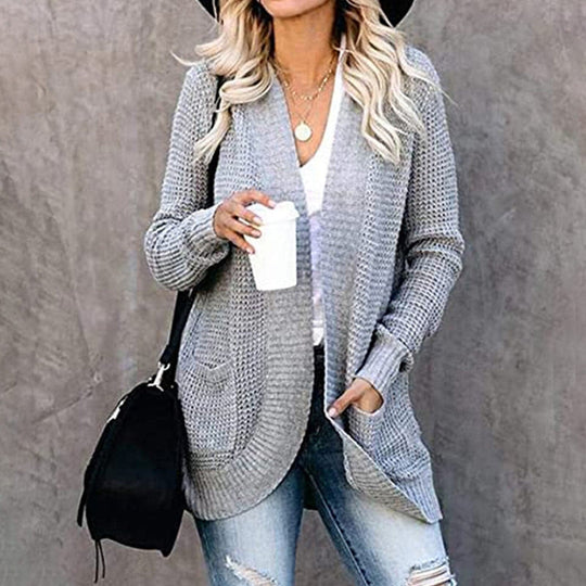 EB | Gestrickter Cardigan Langärmlig Lockere Passform Offene Front mit Großen Taschen