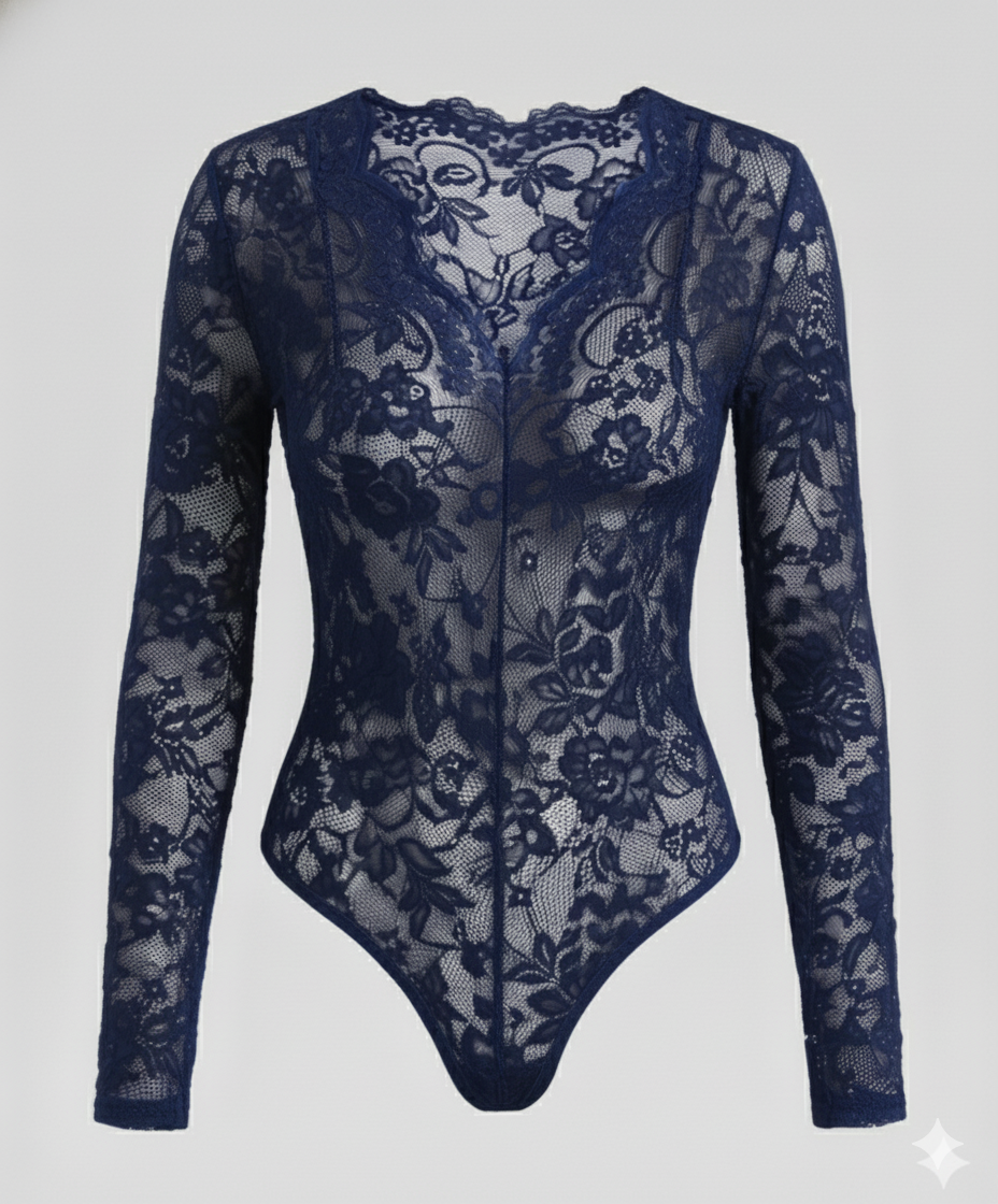 Damen Spitzenbody Langarm V-Ausschnitt | EB