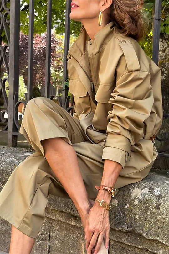 EB | Charm Strap Details Pocketed Cargo Stil Reißverschluss Lockere Jacke