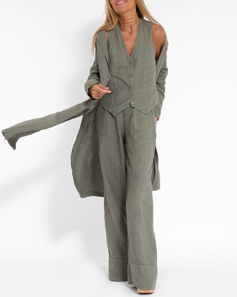 EB | Elegantes 2-Teiliges Set Leinen Weite Hose & Weste