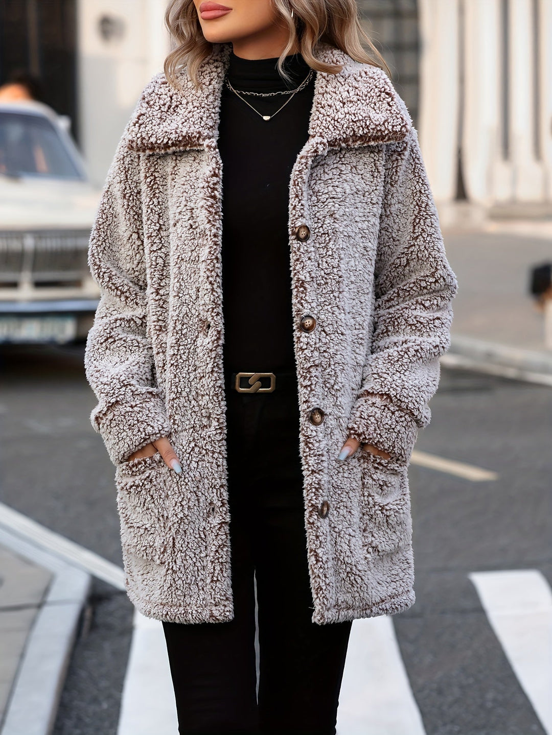 EB | Lange Teddyjacke mit Knöpfen Polyester Komfortabel und Warm