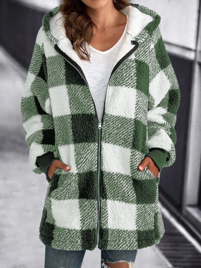 EB | Weiche Damen Karierte Fleece Kapuzenjacke