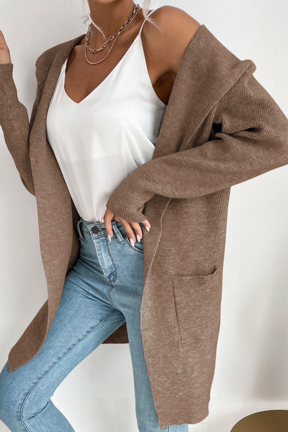 EB | geripptes offen-front Cardigan mit Kapuze und Taschen