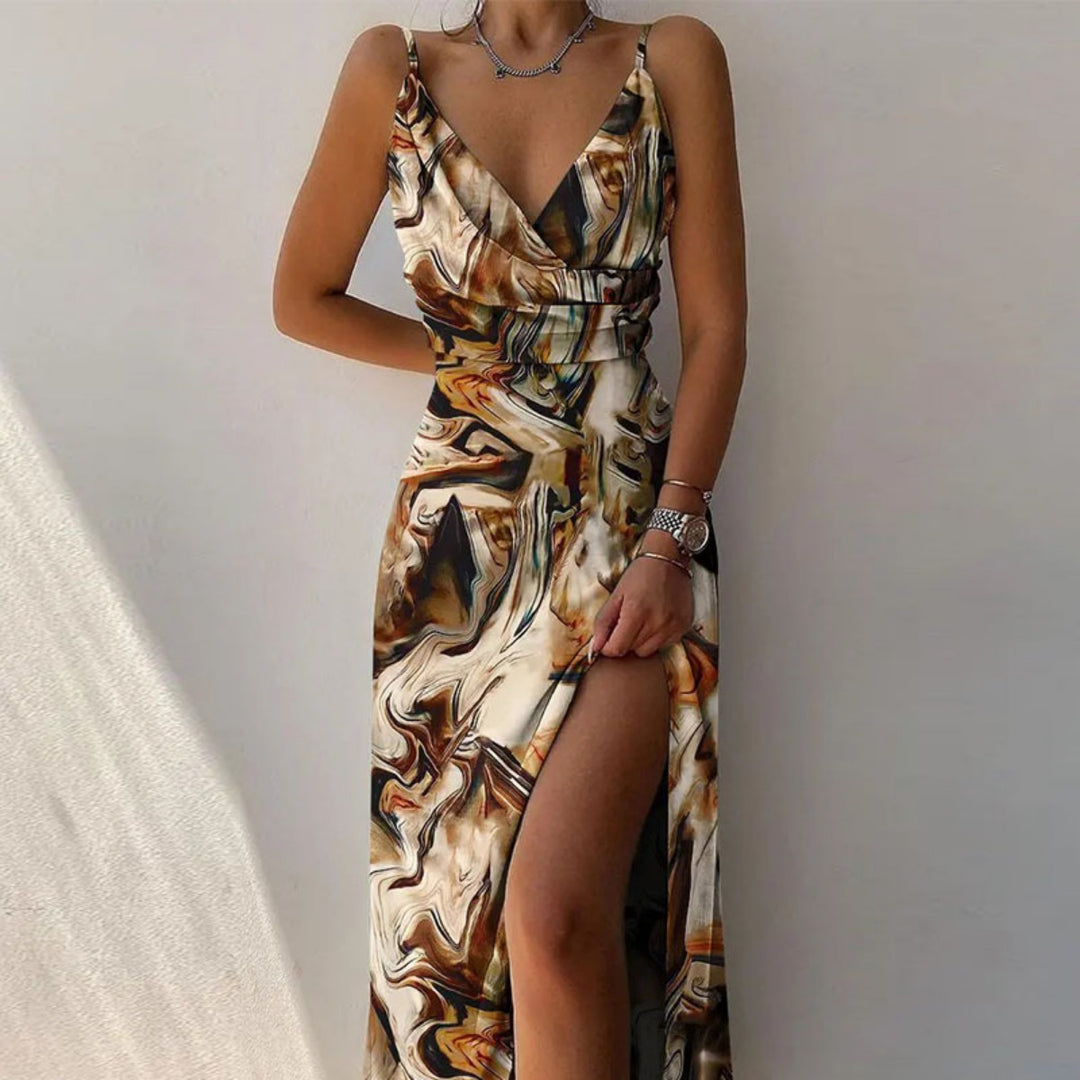 EB | Kleid mit Hosenträgern und V-Ausschnitt mit geteiltem Print