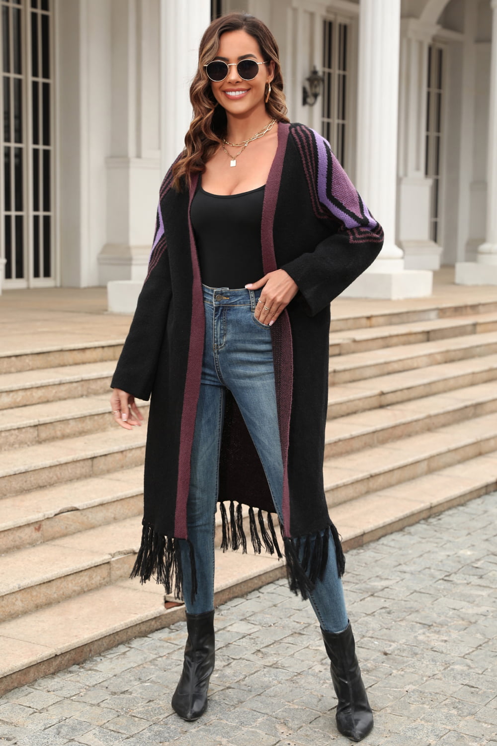 EB | Geometric Fringe Hem Offene Front Duster Cardigan