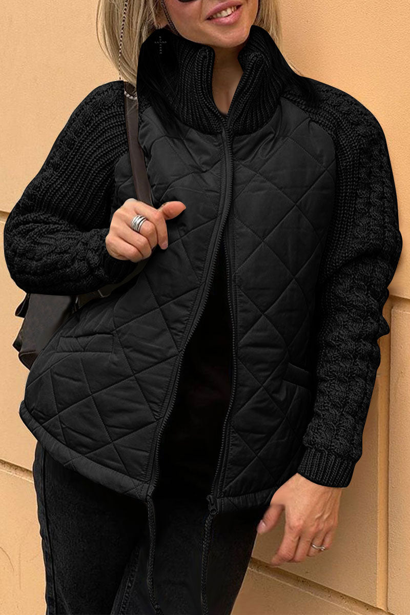 EB | Lässige einfarbige gestrickte Patchwork-gefütterte Jacke