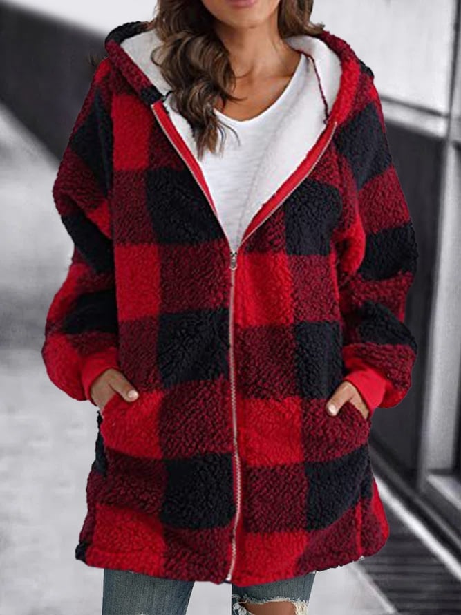 EB | Weiche Damen Karierte Fleece Kapuzenjacke