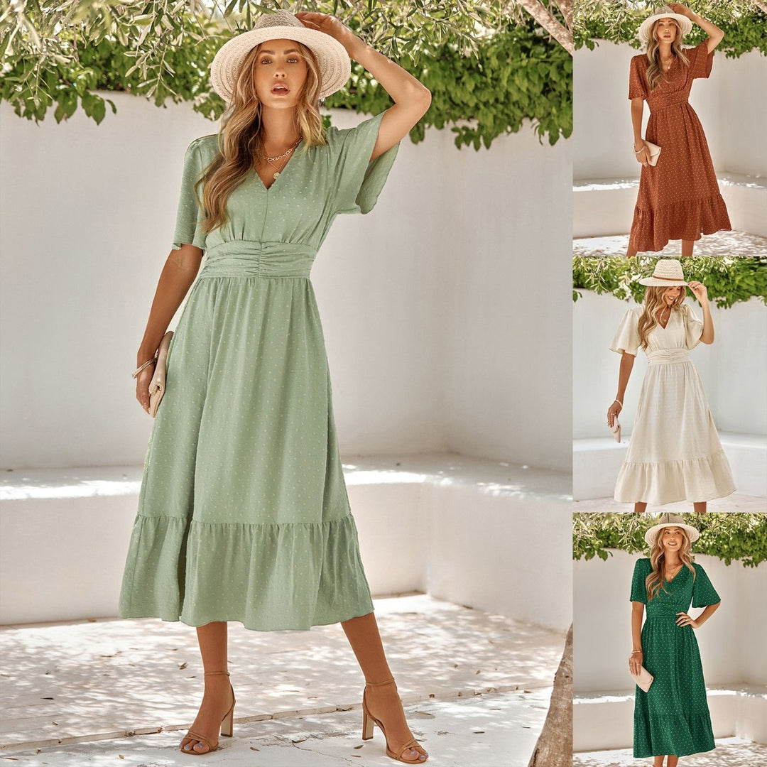 EB | V-Ausschnitt Lotusblatt Ärmel solide Farbe Kleid Frauen