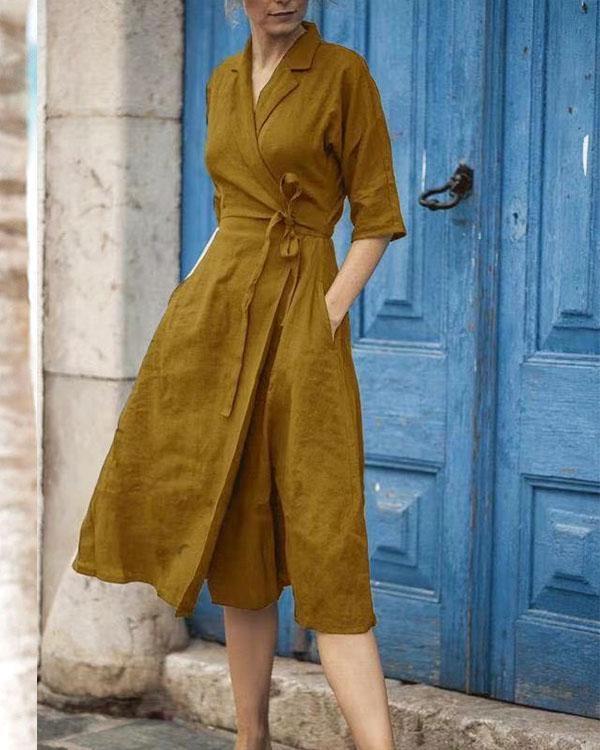 EB | Baumwoll-Leinen Gürtelkragen Kleid