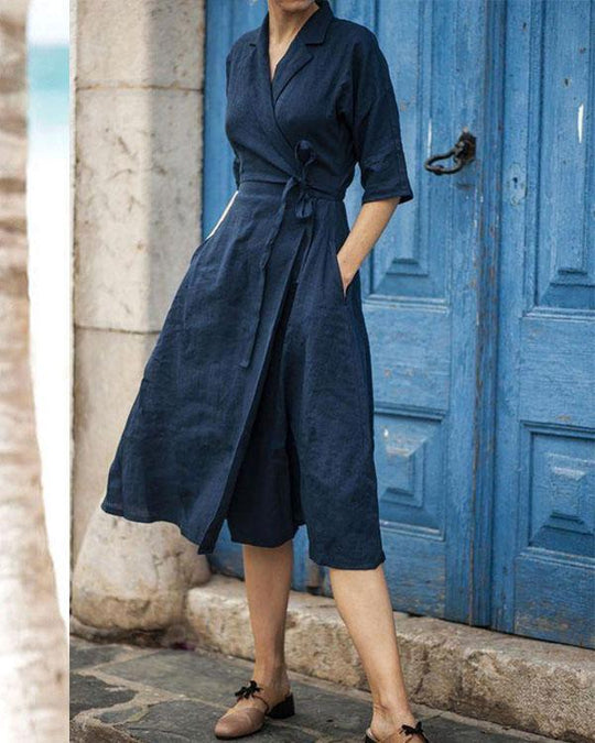 EB | Baumwoll-Leinen Gürtelkragen Kleid