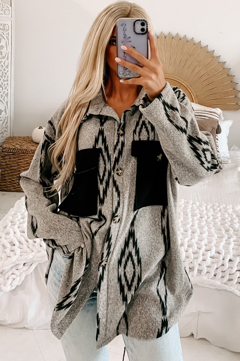 EB | Hemdjacke mit Aztekischem Druck Weiche Wollmischung Boho-chic Stil
