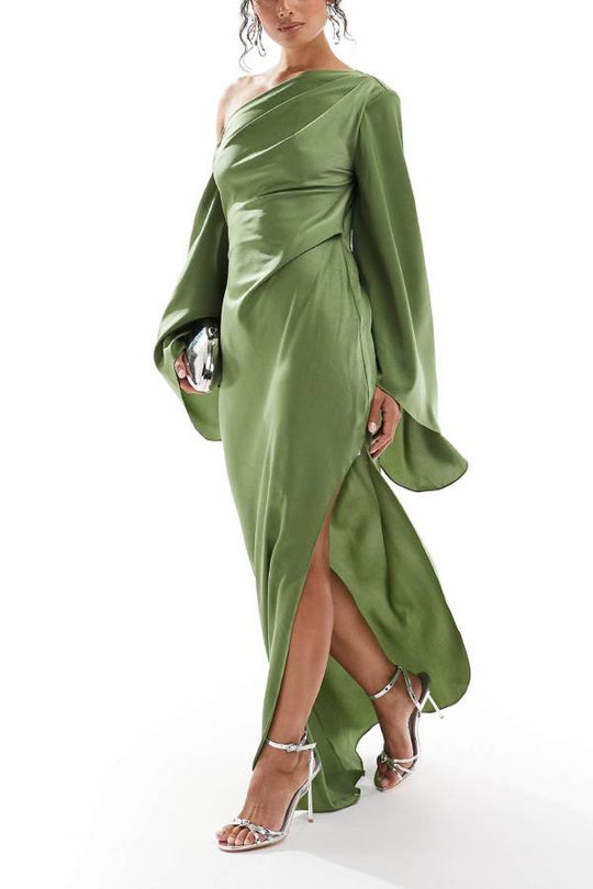 EB | Zayla Satin Asymmetrisches Ein Schulter Glockenärmel Schlitz Maxi Kleid
